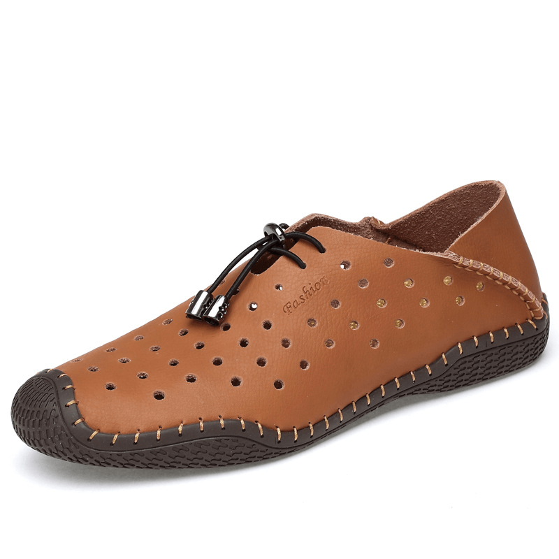 Men Leather Hand Stitching Breathable Hollow Out Soft Comfy Driving Casual Shoes