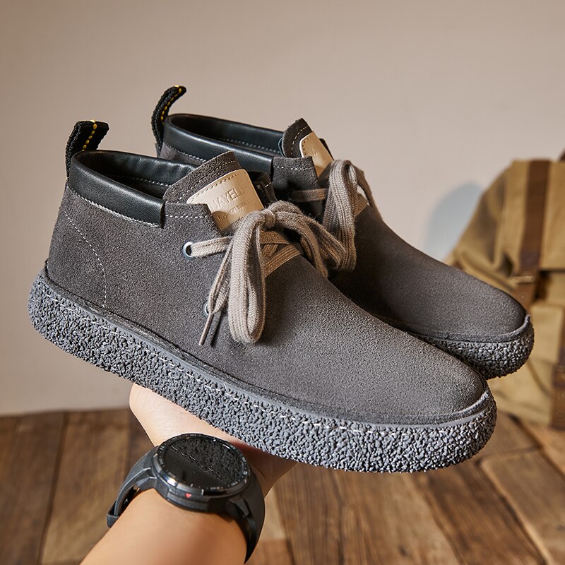 Men's Lace Up Mid Top Reversed Suede Casual Shoes Men Grey/Brown Comfort Sole Sneakers Casual Shoes