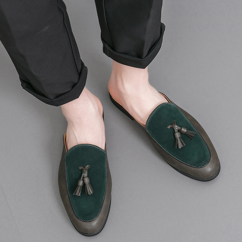 Men's casual small leather shoes summer breathable toe wrap English semi-slippers sandals men's summer toe toe semi-slippers