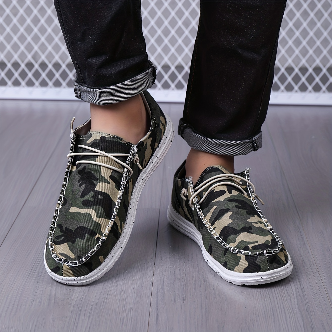 Men's Camouflage Loafer Shoes With Decorative Shoelaces, Comfy Non-slip Slip On Breathable Shoes Sneakers, Spring And Summer