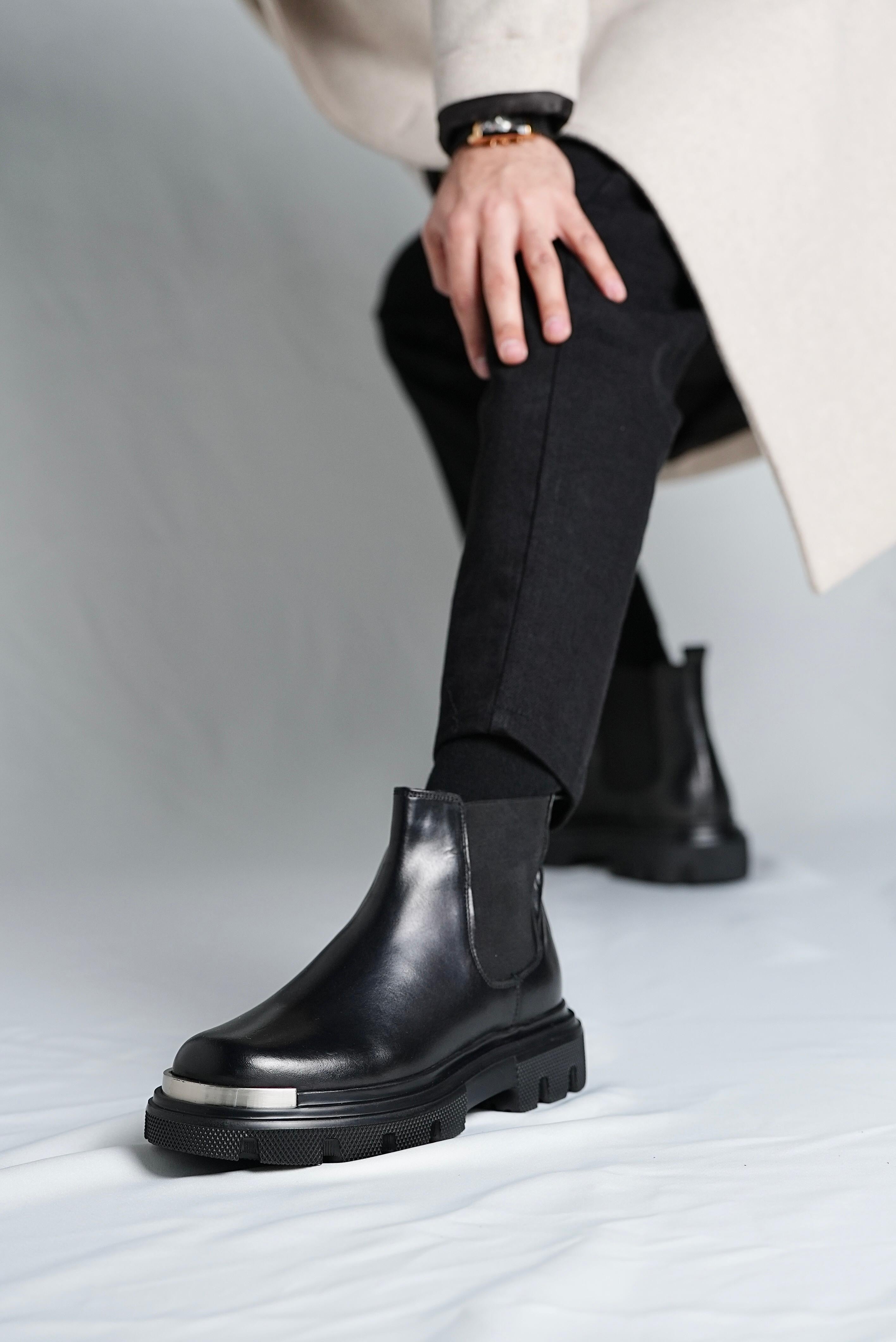 Black Leather Metal Boots Shoes