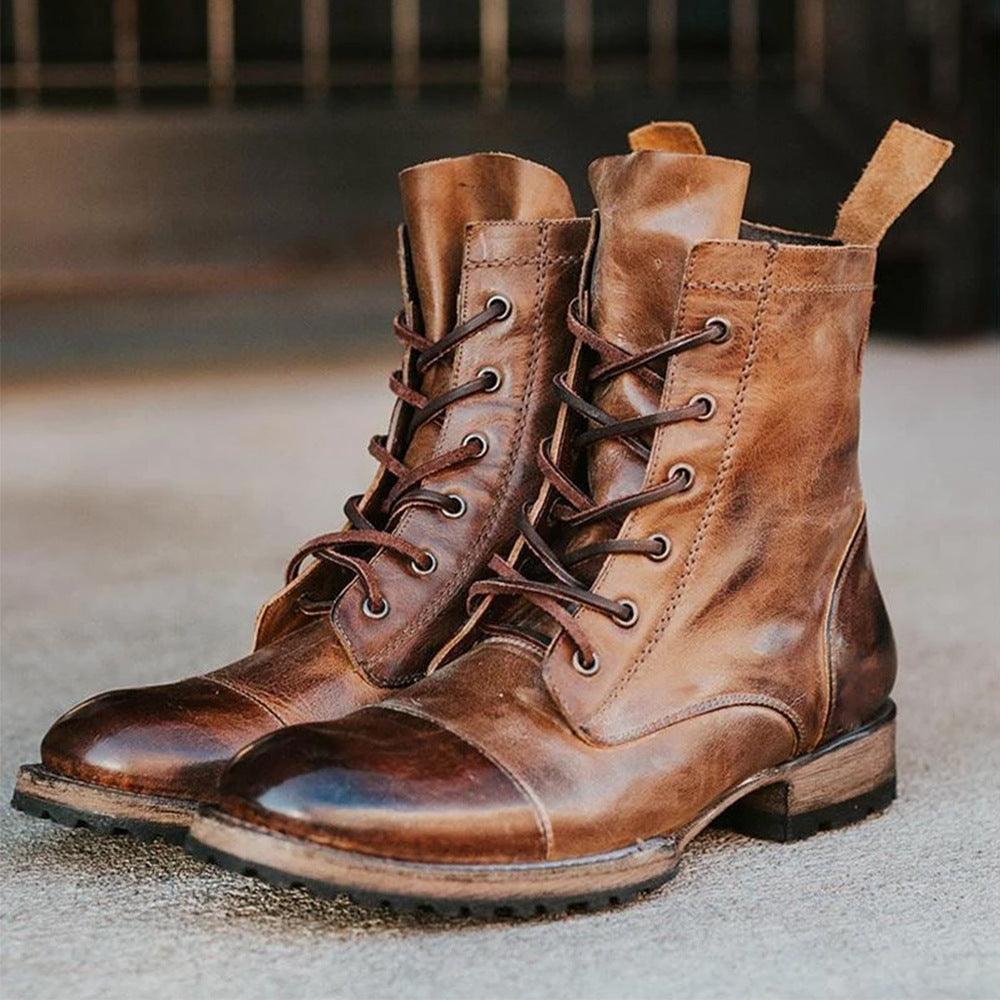 Round Head Retro Lace Up Casual Fashion Thick Heel Men's Boots