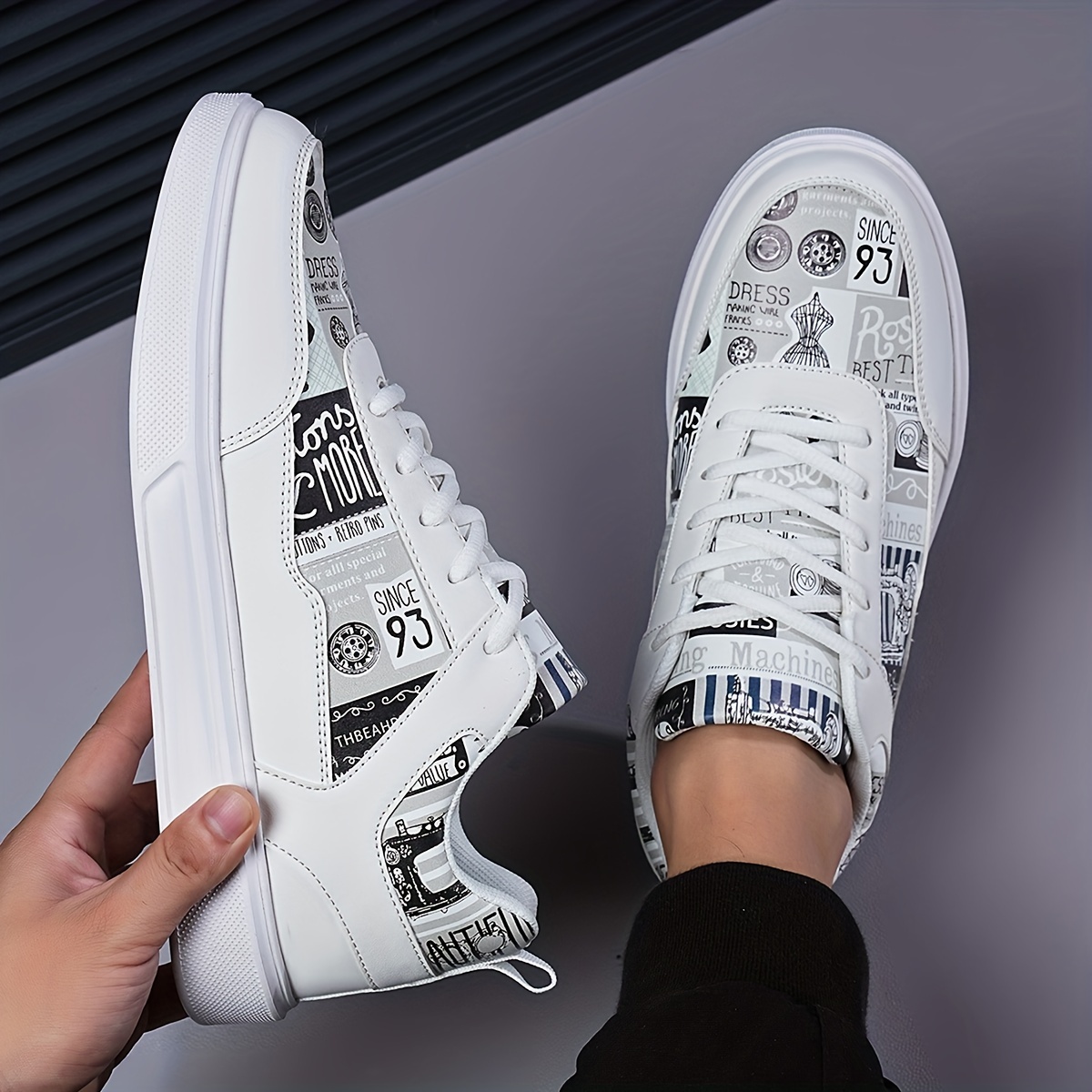 Men's Graphic Print Skate Shoes With Good Grip, Lace-up Sneakers, Men's Footwear