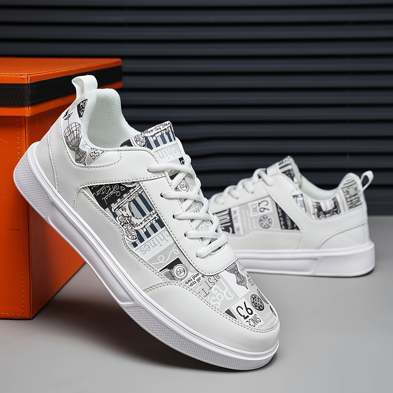 Men's Graphic Print Skate Shoes With Good Grip, Lace-up Sneakers, Men's Footwear