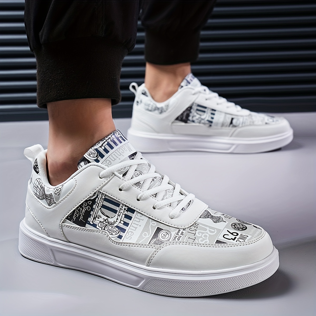 Men's Graphic Print Skate Shoes With Good Grip, Lace-up Sneakers, Men's Footwear