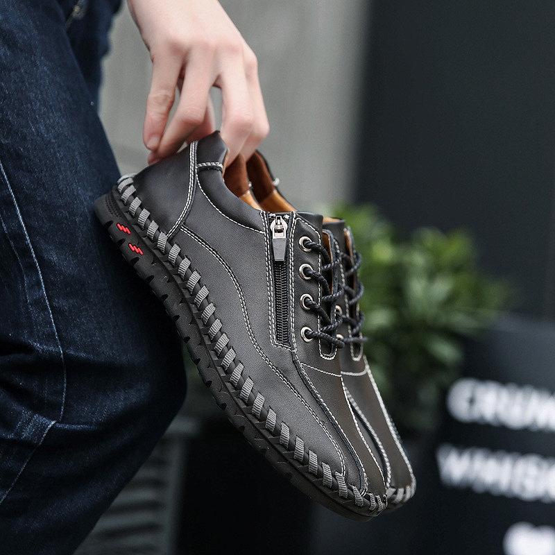 Large Size Men Hand Stitching Side Zipper Casual Leather Shoes