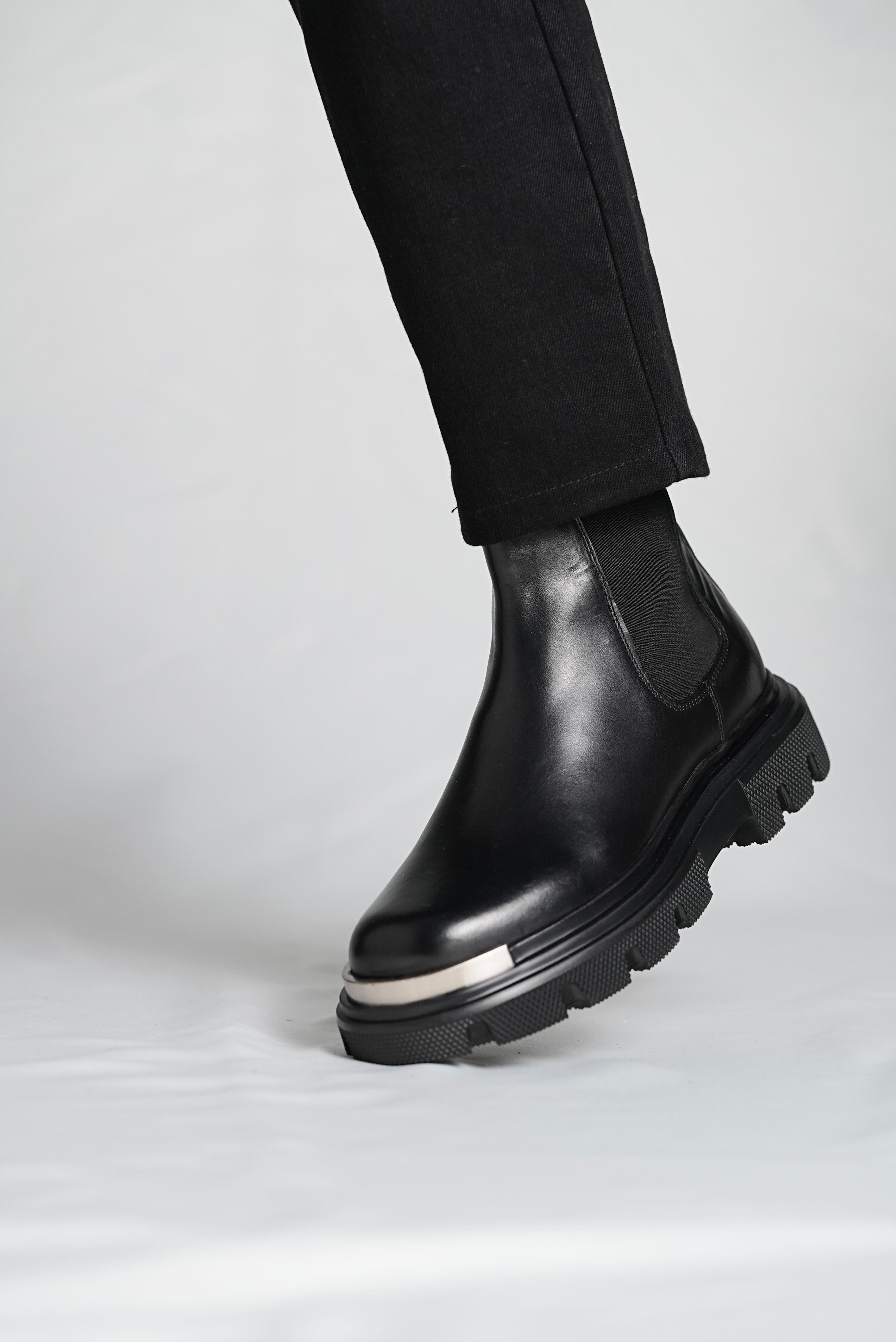 Black Leather Metal Boots Shoes