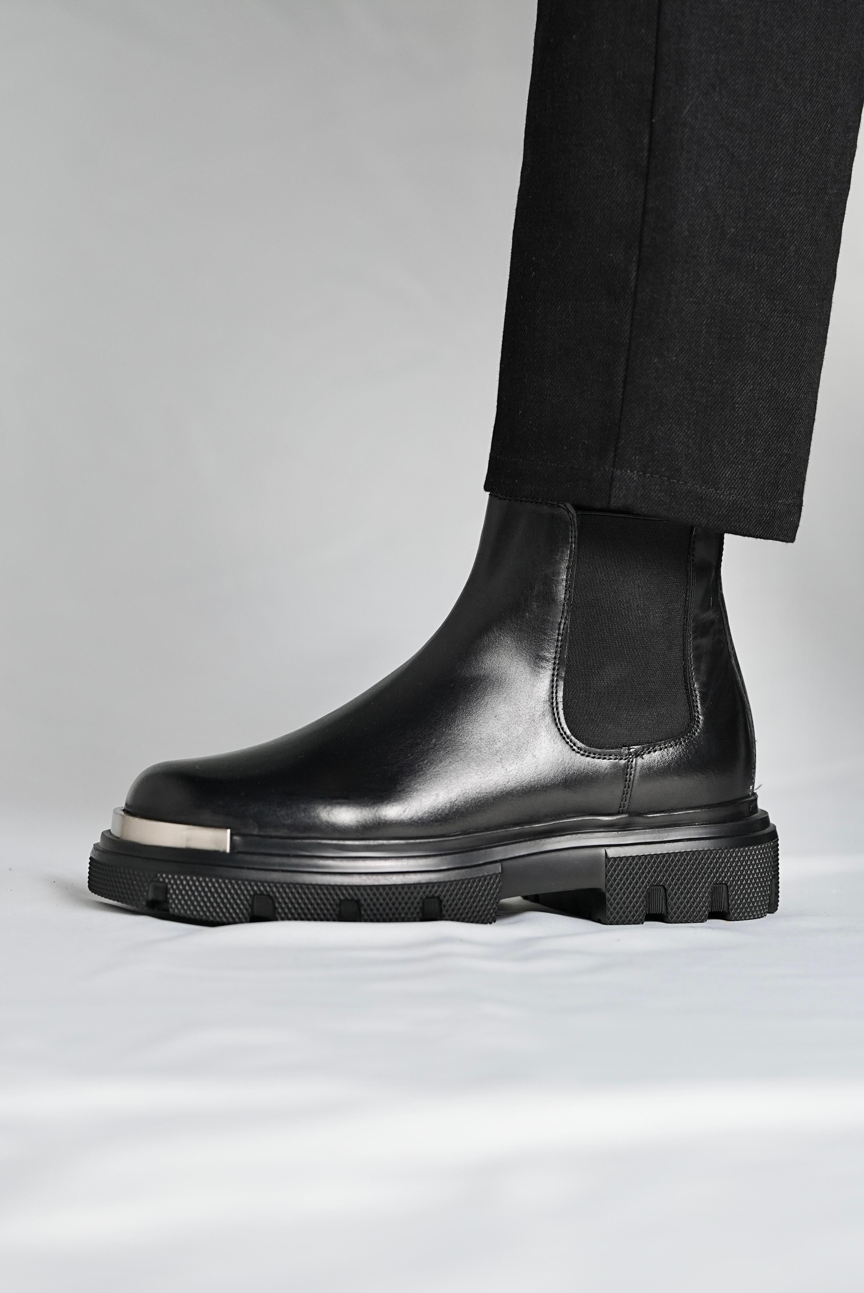 Black Leather Metal Boots Shoes