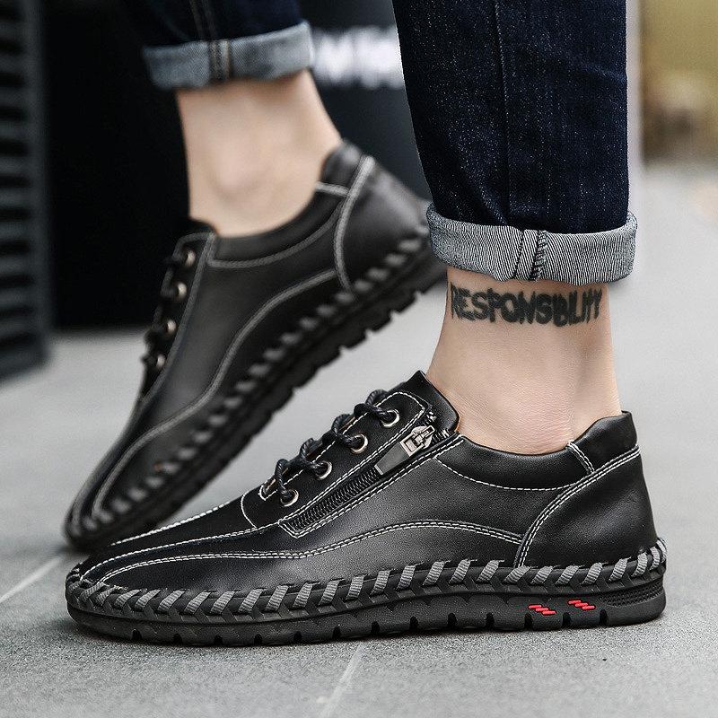 Large Size Men Hand Stitching Side Zipper Casual Leather Shoes