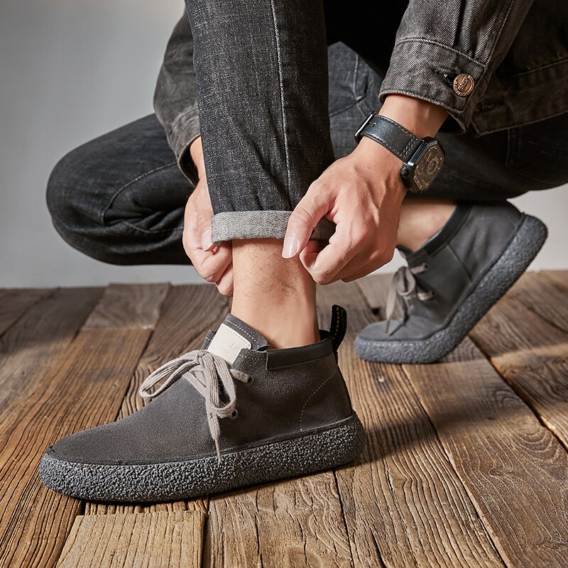 Men's Lace Up Mid Top Reversed Suede Casual Shoes Men Grey/Brown Comfort Sole Sneakers Casual Shoes