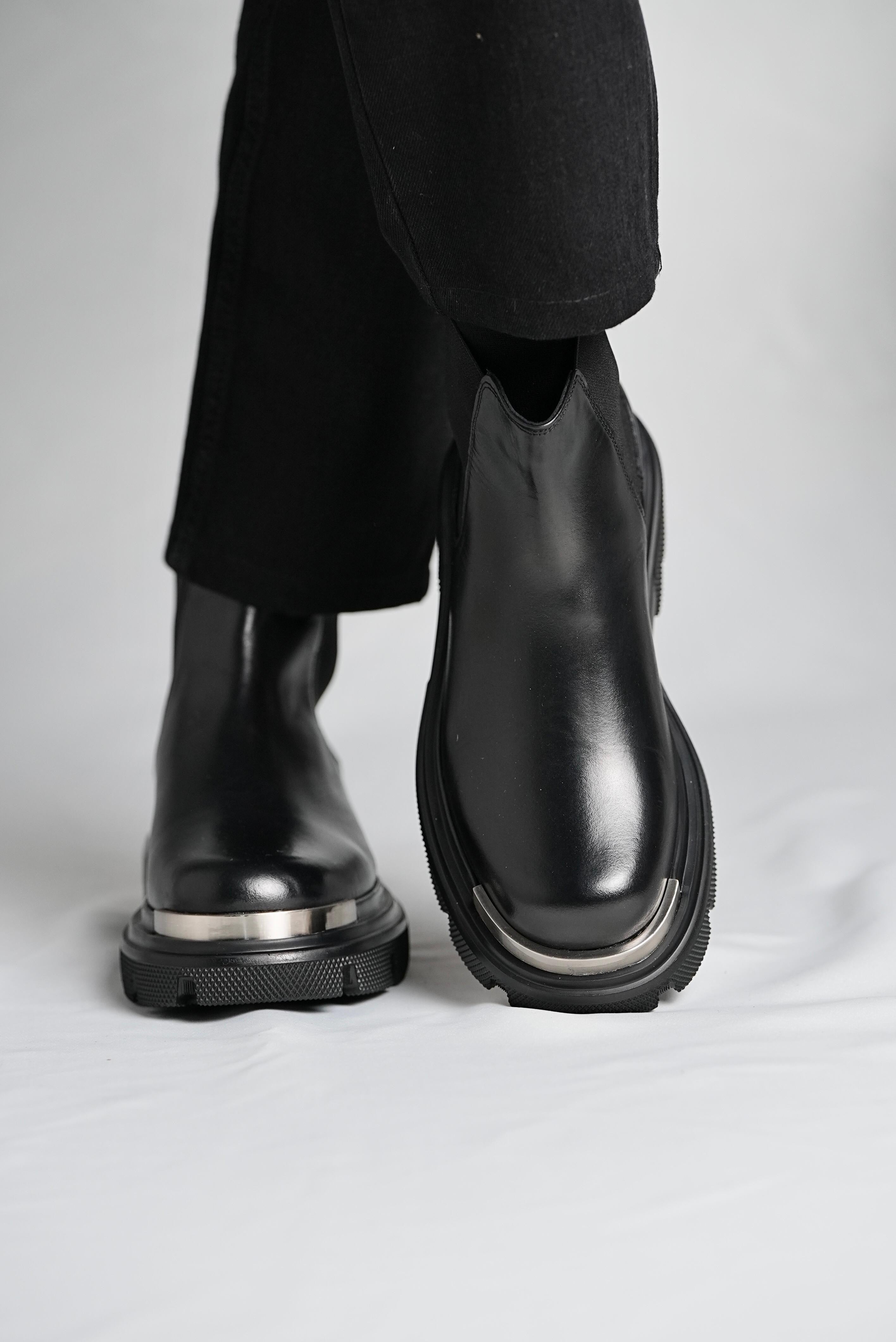 Black Leather Metal Boots Shoes