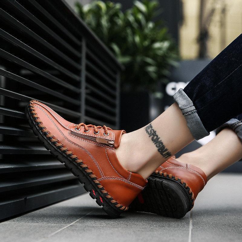 Large Size Men Hand Stitching Side Zipper Casual Leather Shoes