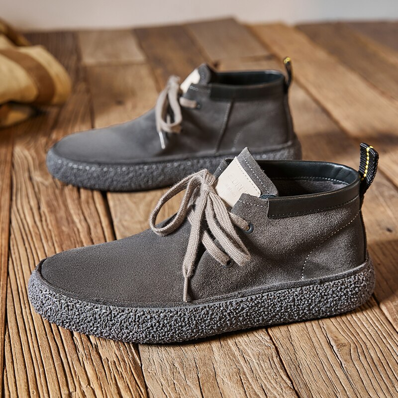 Men's Lace Up Mid Top Reversed Suede Casual Shoes Men Grey/Brown Comfort Sole Sneakers Casual Shoes