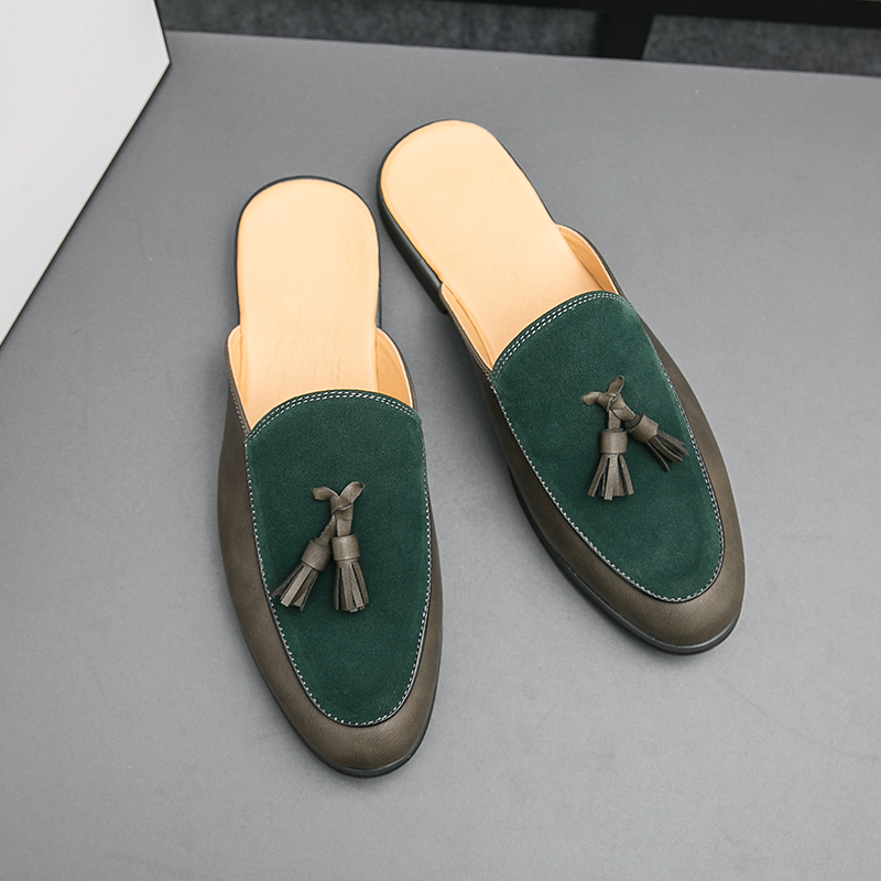 Men's casual small leather shoes summer breathable toe wrap English semi-slippers sandals men's summer toe toe semi-slippers