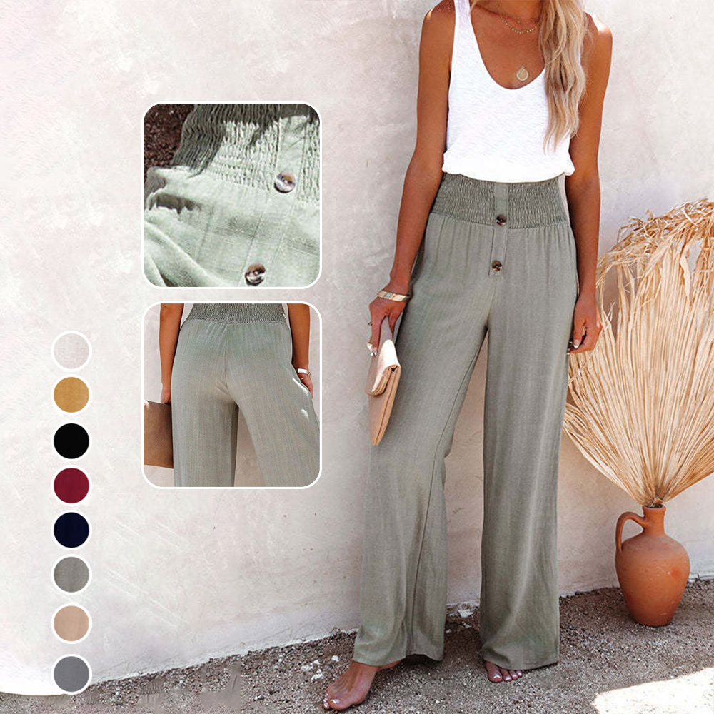 Pantalones de algodón y lino elásticos de color sólido informales a la moda  para mujer Pompotops ulkah939759