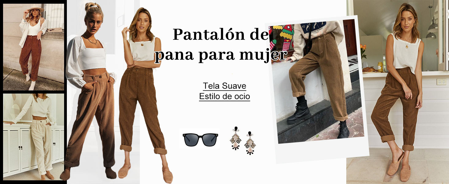 BMINO Pantalones de Mujer Pantalones Rectos de Talle Alto de Pana