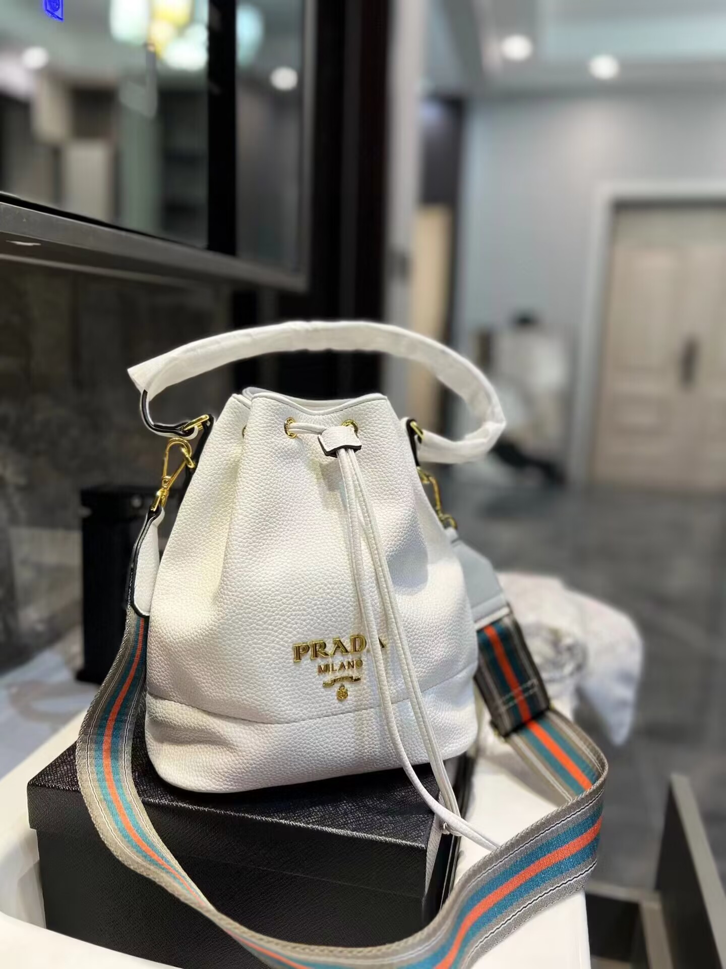 PP Saffiano Leather Bucket in White