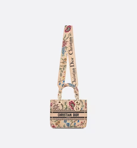 MEDIUM LADY D-LITE BAG Natural Multicolor Raffia Embroidered with D Petites Fleurs