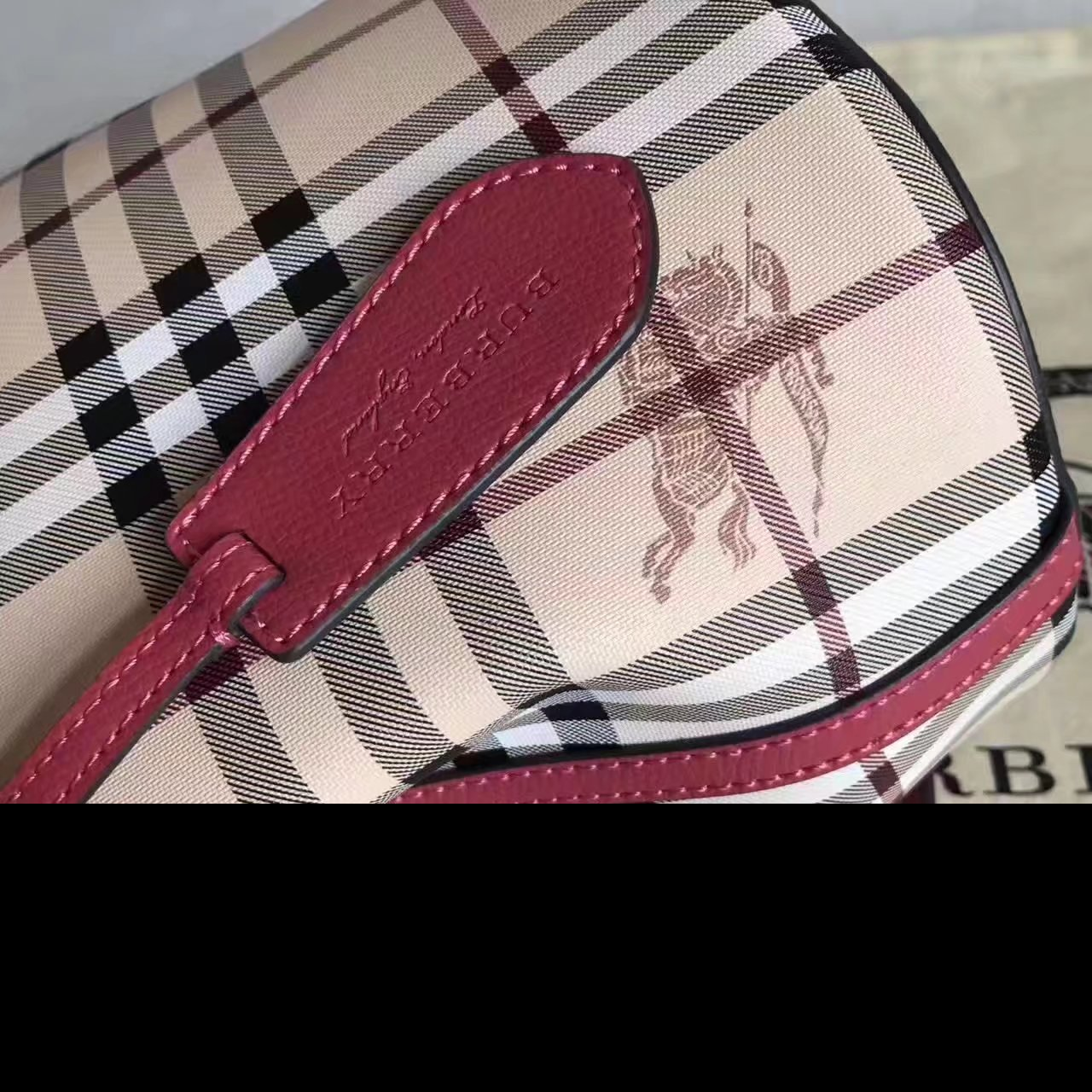 BB Leather and Haymarket Check Crossbody Bucket Bag Red