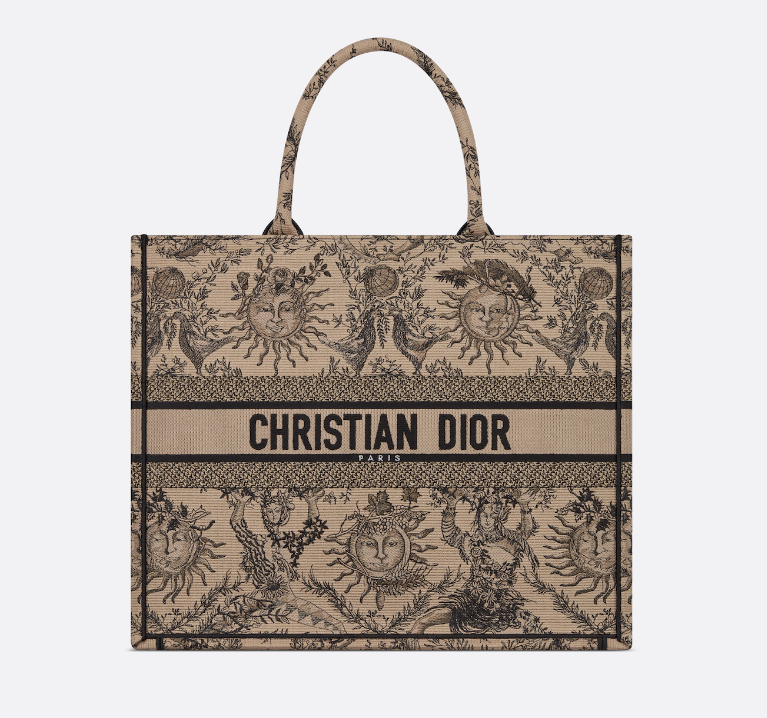 D Book Tote  Beige and Black Toile de Jouy Soleil Embroidery