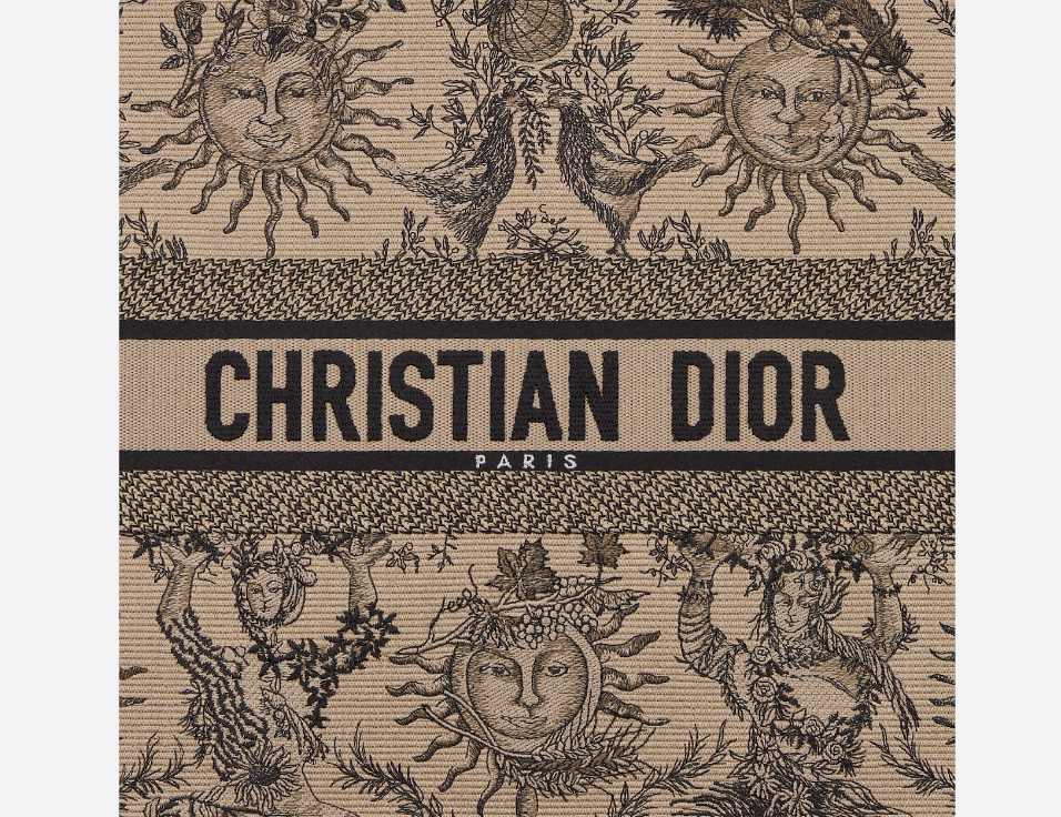 D Book Tote  Beige and Black Toile de Jouy Soleil Embroidery