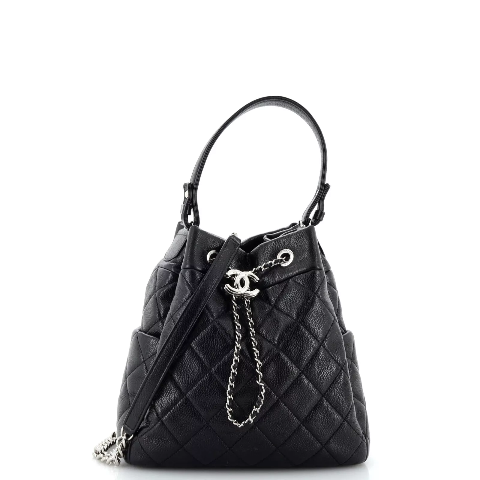 CC Chain Drawstring Bucket Bag Quilted Caviar Small 23*23*13 cm