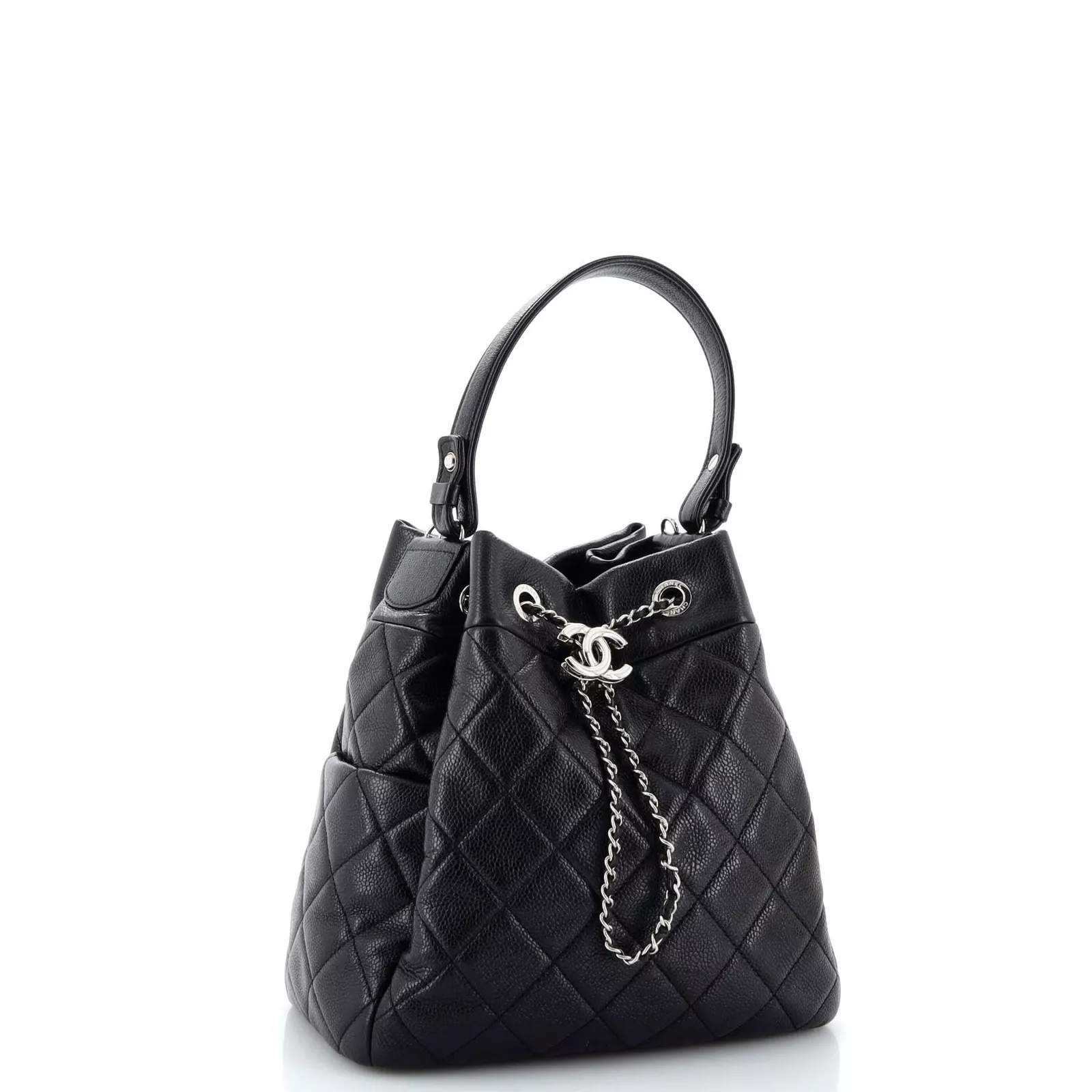 CC Chain Drawstring Bucket Bag Quilted Caviar Small 23*23*13 cm