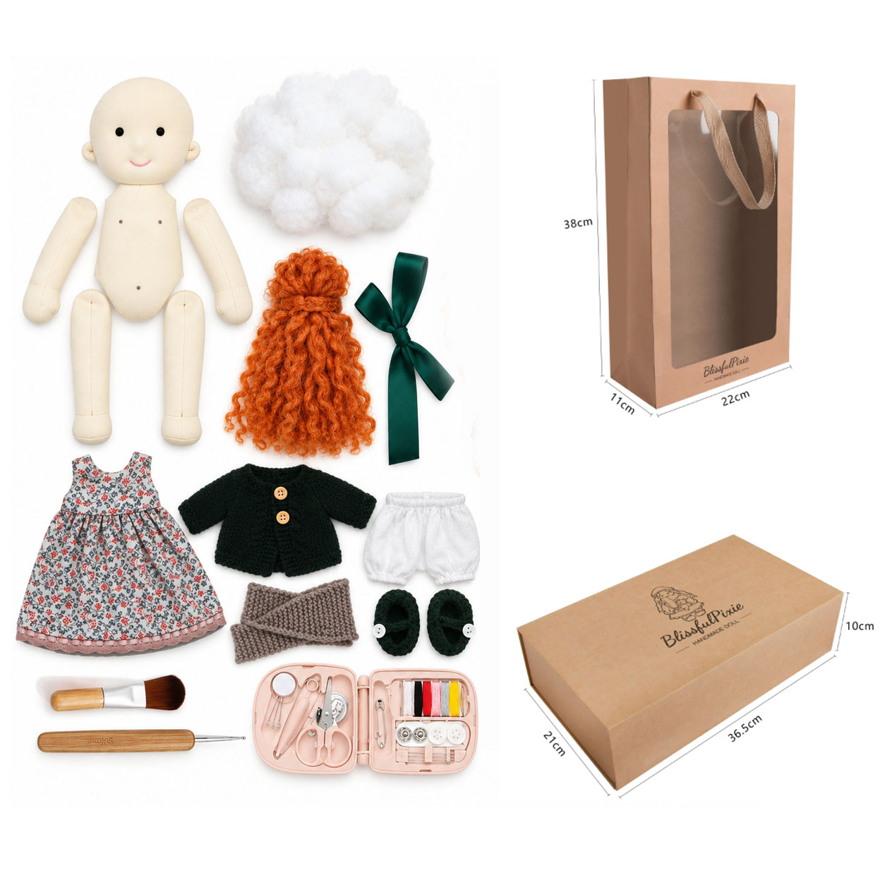Diana DIY Doll Making Kit for Adults & Beginners, Handmade Cloth Doll Craft Kit with Doll Body, Stuffing, Curly Hair, Clothes & Basic Sewing Tools, Video Tutorial, Creative Craft Gift
