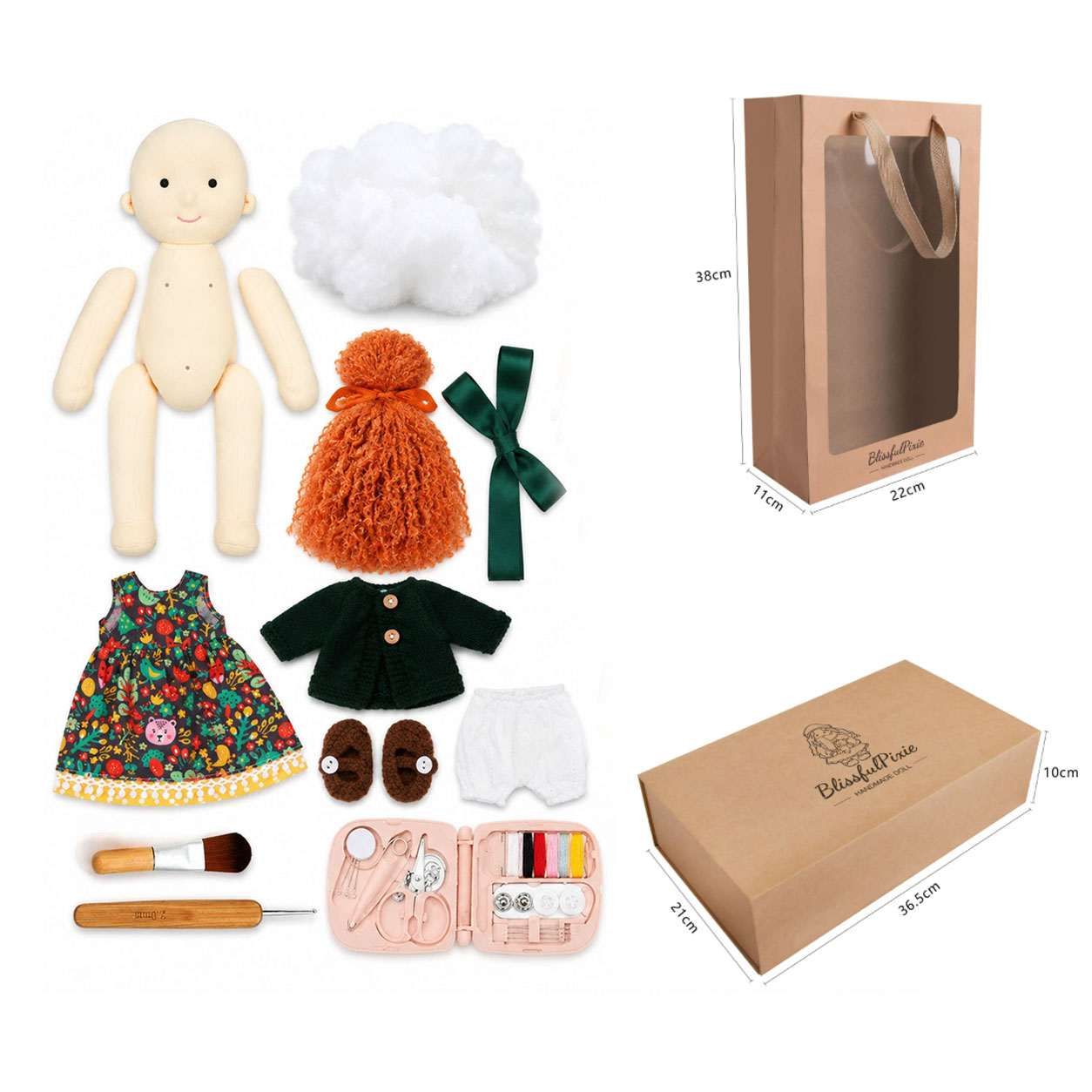 Hanne DIY Doll  Making Kit for Adults & Beginners, Handmade Cloth Doll Craft Kit with Doll Body, Stuffing, Curly Hair, Clothes & Basic Sewing Tools, Video Tutorial, Creative Craft Gift