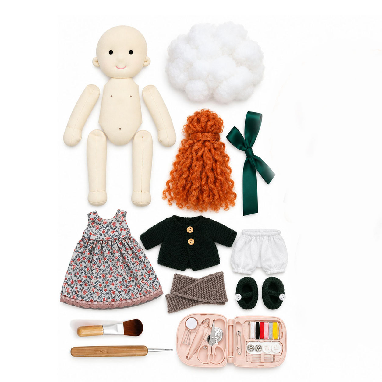 Diana DIY Doll Making Kit for Adults & Beginners, Handmade Cloth Doll Craft Kit with Doll Body, Stuffing, Curly Hair, Clothes & Basic Sewing Tools, Video Tutorial, Creative Craft Gift