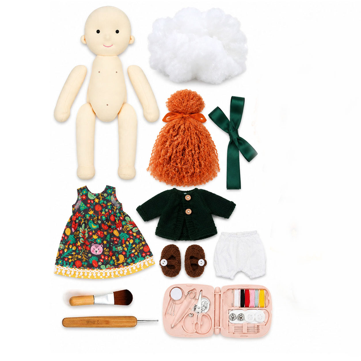 Hanne DIY Doll  Making Kit for Adults & Beginners, Handmade Cloth Doll Craft Kit with Doll Body, Stuffing, Curly Hair, Clothes & Basic Sewing Tools, Video Tutorial, Creative Craft Gift