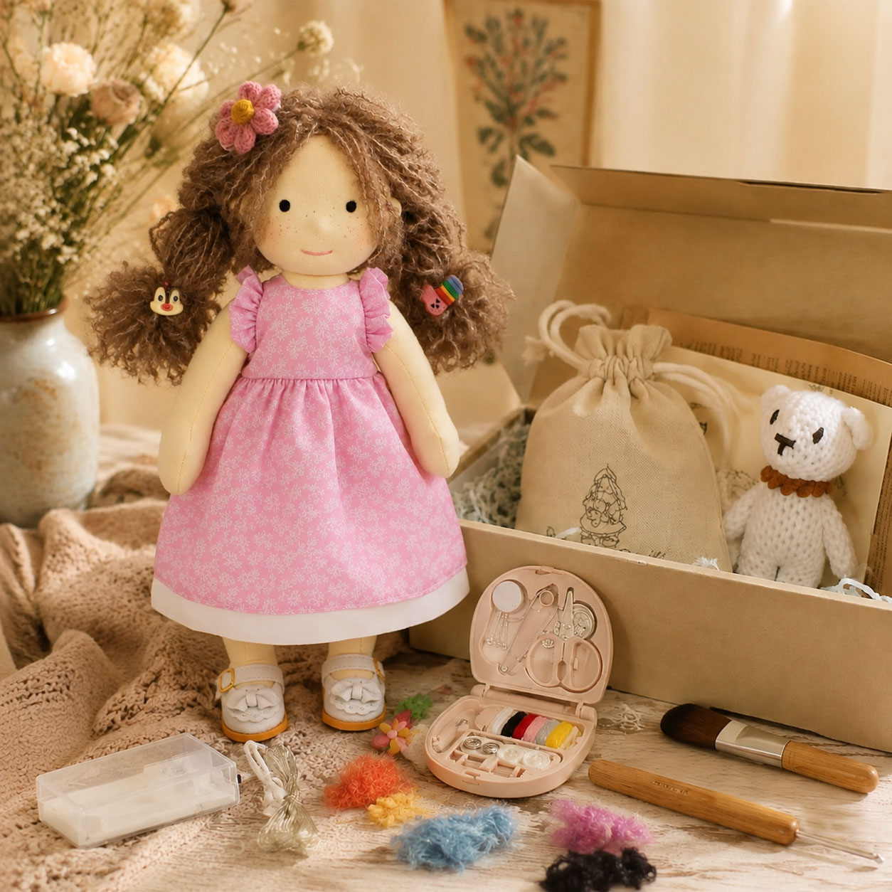  BlissfulPixie 12" Waldorf Doll Amy, Handmade Soft Rag Doll for Girls with DIY Hair Styling Kit, 4 Color Hair Set, Teddy Bear, Makeup Tools & Gift Box Set, Creative Birthday Christmas Gift
