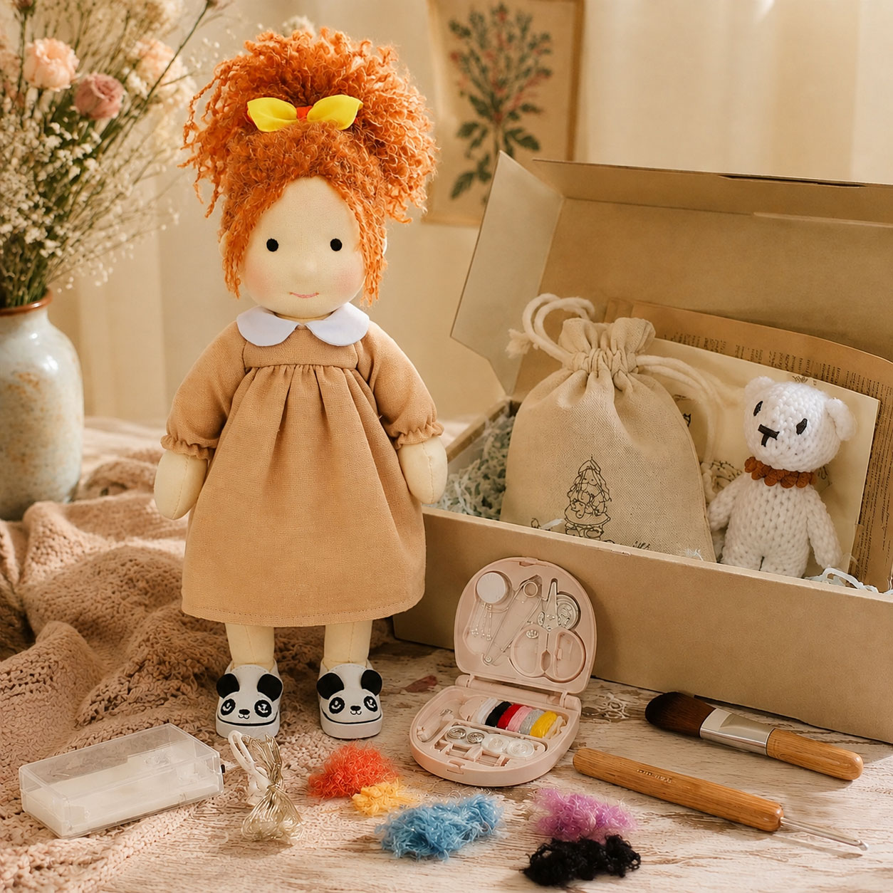 BlissfulPixie 12" Waldorf Doll Ada, Handmade Soft Rag Doll for Girls with DIY Hair Styling Kit, 4 Color Hair Set, Teddy Bear, Makeup Tools & Gift Box Set, Creative Birthday Christmas Gift