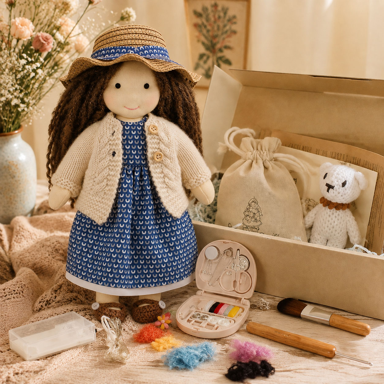   BlissfulPixie 12" Waldorf Doll Basia, Handmade Soft Rag Doll for Girls with DIY Hair Styling Kit, 4 Color Hair Set, Teddy Bear, Makeup Tools & Gift Box Set, Creative Birthday Christmas Gift