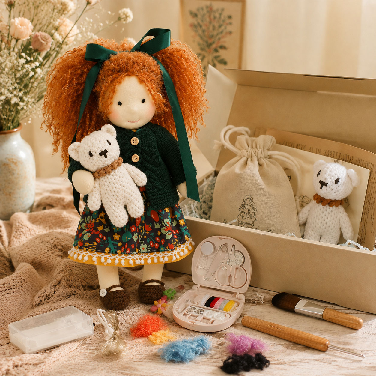 BlissfulPixie 12" Waldorf Doll Hanne, Handmade Soft Rag Doll for Girls with DIY Hair Styling Kit, 4 Color Hair Set, Teddy Bear, Makeup Tools & Gift Box Set, Creative Birthday Christmas Gift
