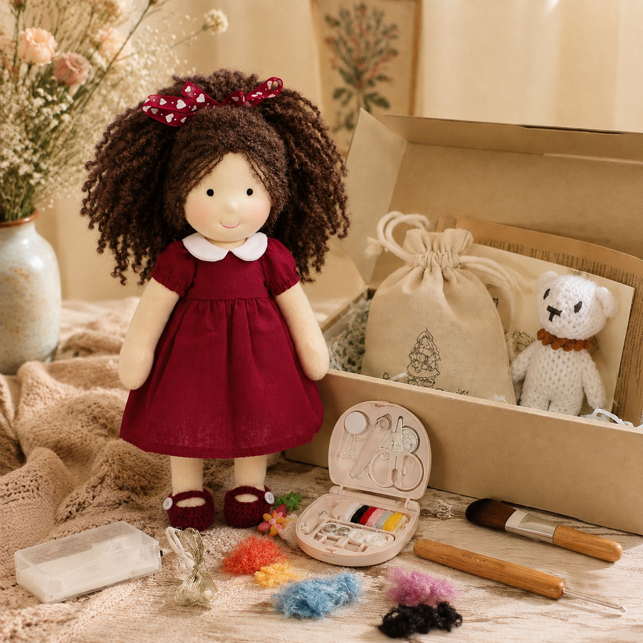  BlissfulPixie 12" Waldorf Doll Eleanor, Handmade Soft Rag Doll for Girls with DIY Hair Styling Kit, 4 Color Hair Set, Teddy Bear, Makeup Tools & Gift Box Set, Creative Birthday Christmas Gift