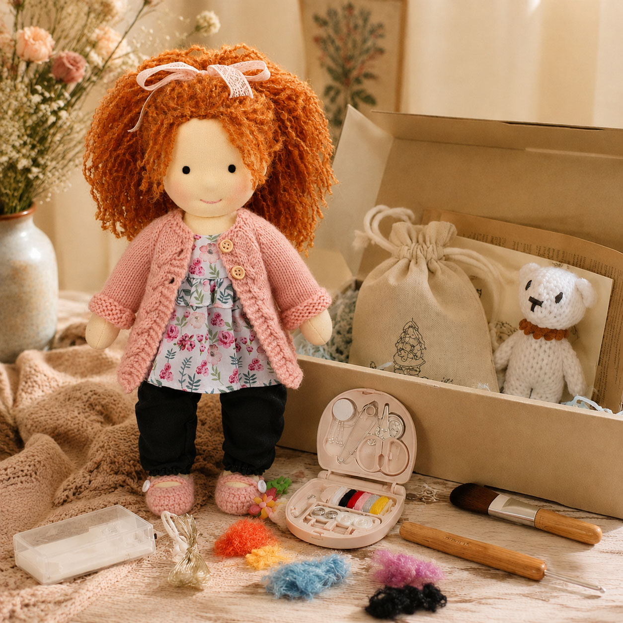   BlissfulPixie 12" Waldorf Doll Elsee, Handmade Soft Rag Doll for Girls with DIY Hair Styling Kit, 4 Color Hair Set, Teddy Bear, Makeup Tools & Gift Box Set, Creative Birthday Christmas Gift