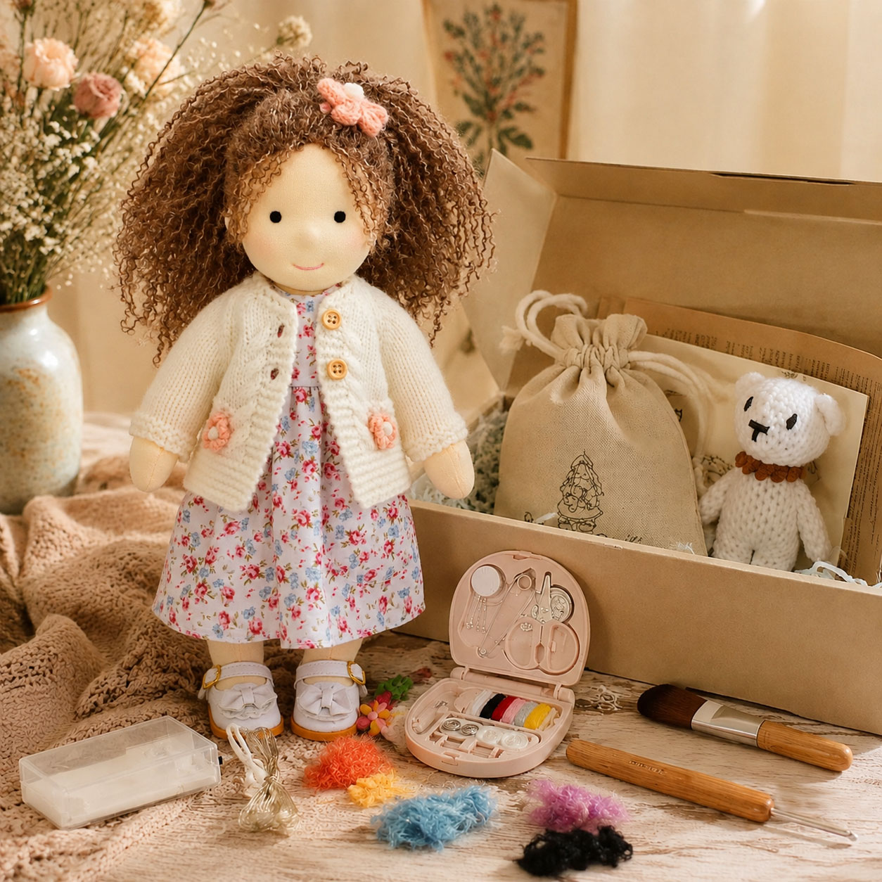BlissfulPixie 12" Waldorf Doll Amber, Handmade Soft Rag Doll for Girls with DIY Hair Styling Kit, 4 Color Hair Set, Teddy Bear, Makeup Tools & Gift Box Set, Creative Birthday Christmas Gift