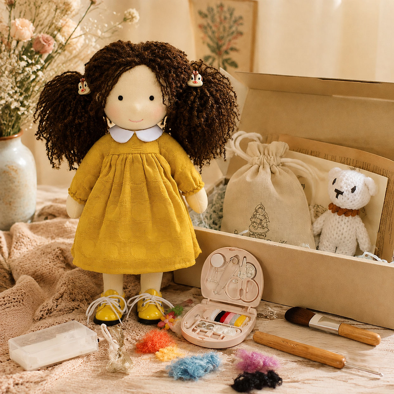 BlissfulPixie 12" Waldorf Doll Inka , Handmade Soft Rag Doll for Girls with DIY Hair Styling Kit, 4 Color Hair Set, Teddy Bear, Makeup Tools & Gift Box Set, Creative Birthday Christmas Gift
