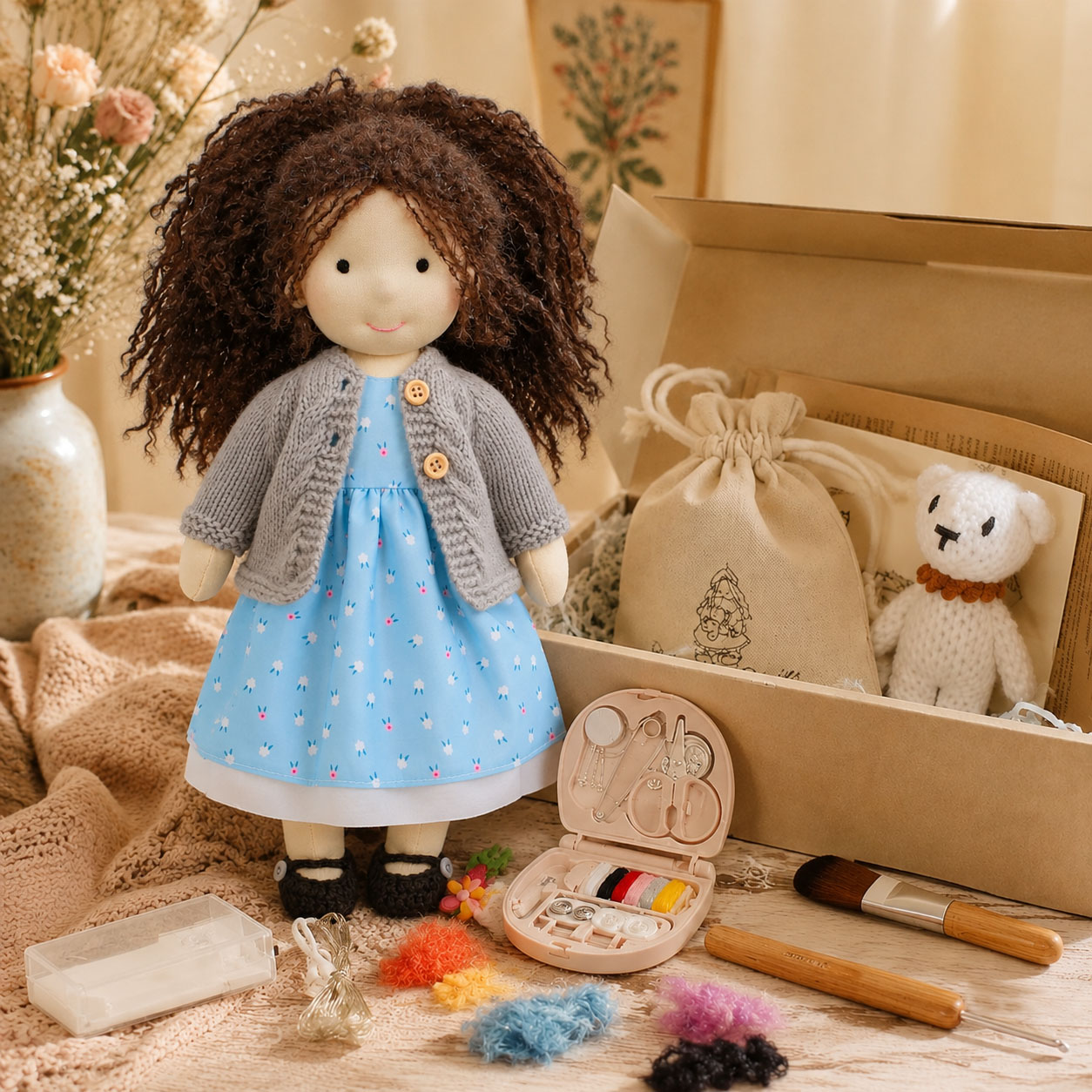  BlissfulPixie 12" Waldorf Doll Louise, Handmade Soft Rag Doll for Girls with DIY Hair Styling Kit, 4 Color Hair Set, Teddy Bear, Makeup Tools & Gift Box Set, Creative Birthday Christmas Gift