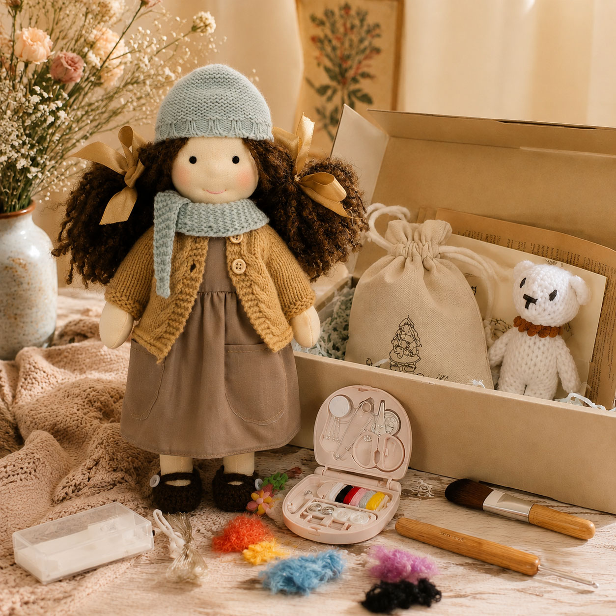 BlissfulPixie 12" Waldorf Doll Zoey, Handmade Soft Rag Doll for Girls with DIY Hair Styling Kit, 4 Color Hair Set, Teddy Bear, Makeup Tools & Gift Box Set, Creative Birthday Christmas Gift