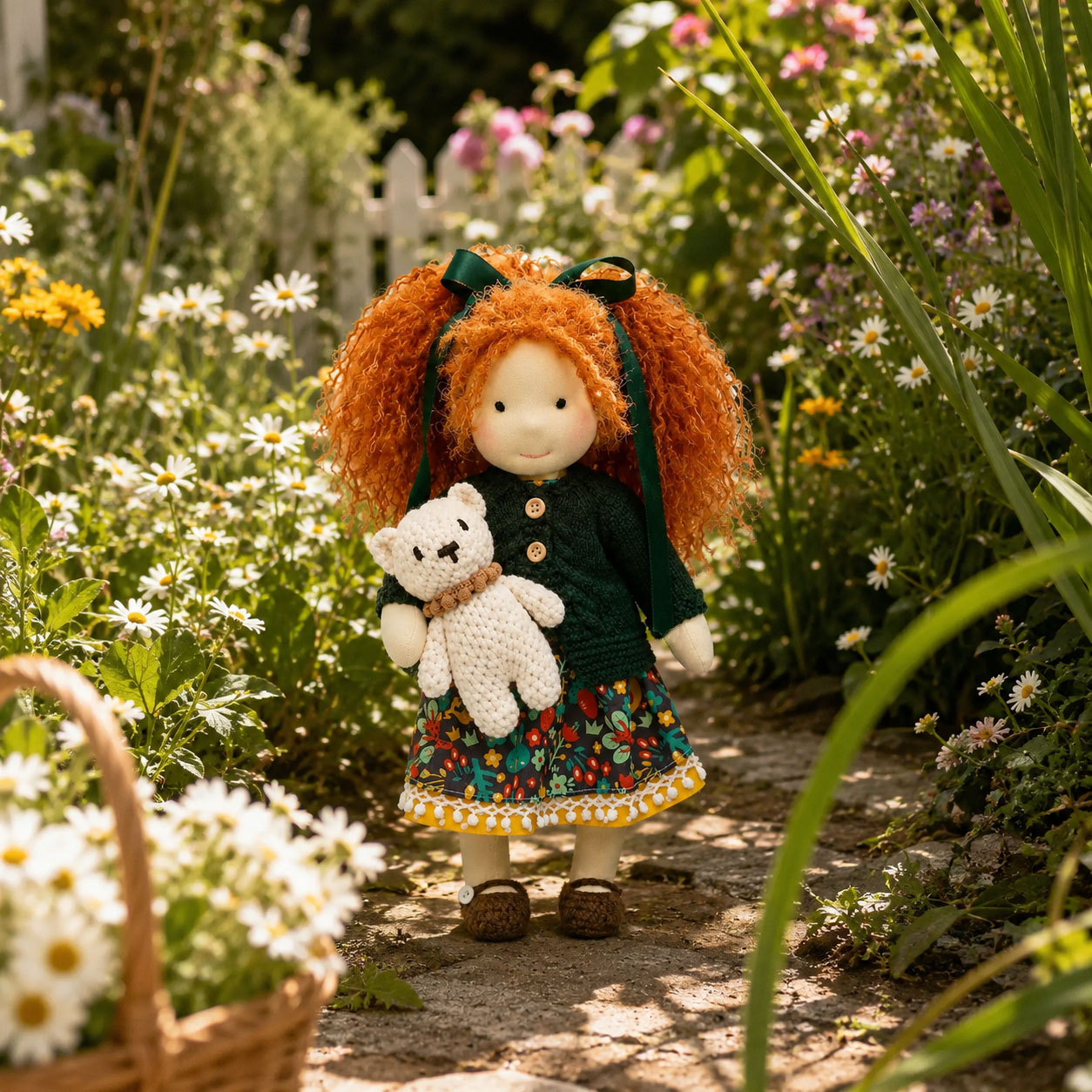 BlissfulPixie 12" Waldorf Doll Hanne, Handmade Soft Rag Doll for Girls with DIY Hair Styling Kit, 4 Color Hair Set, Teddy Bear, Makeup Tools & Gift Box Set, Creative Birthday Christmas Gift