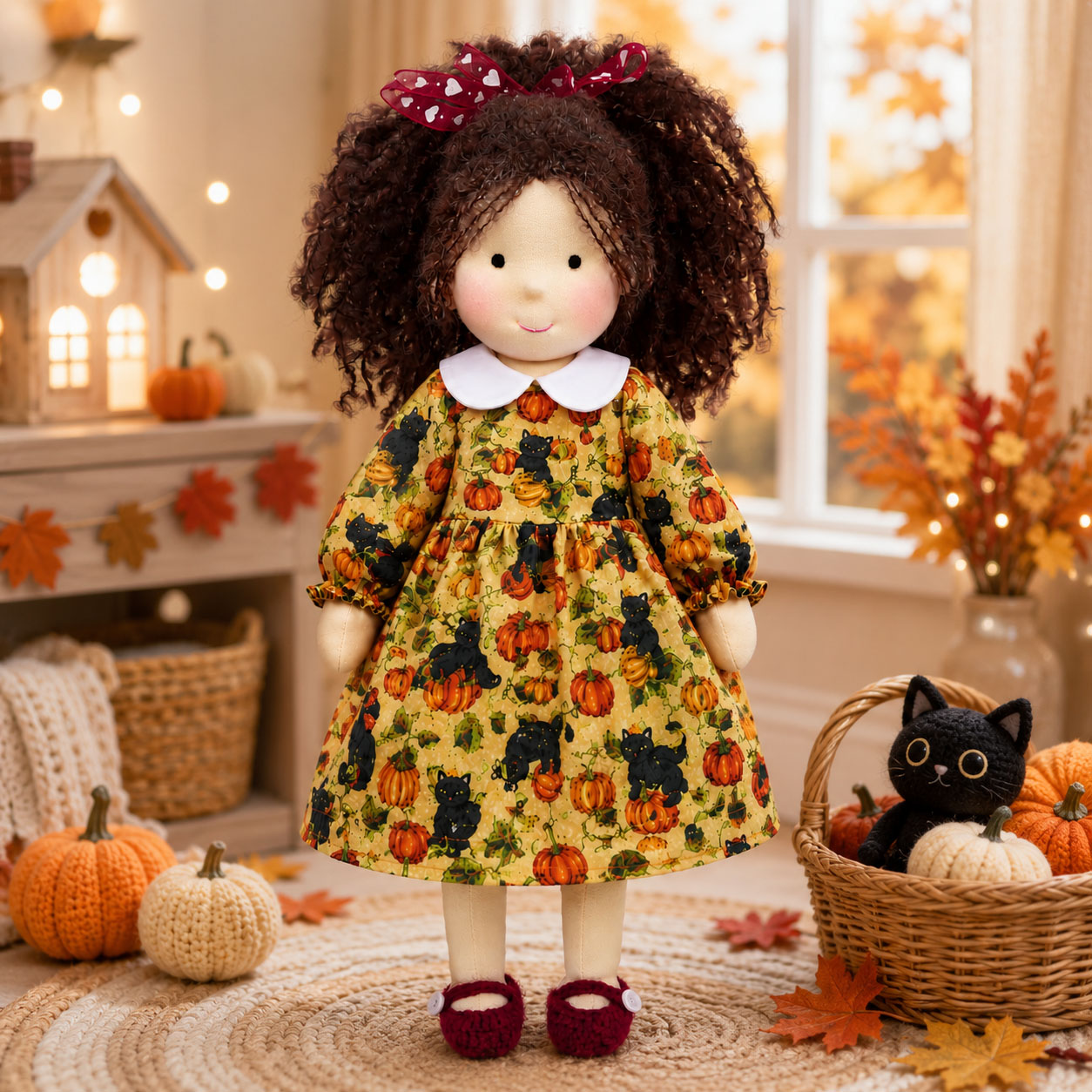 [Halloween Limited Edition ]BlissfulPixie 12" Waldorf Doll Eleanor, Handmade Soft Rag Doll for Girls with DIY Hair Styling Kit, 4 Color Hair Set, Teddy Bear, Makeup Tools & Gift Box Set, Creative Birthday Christmas Gift