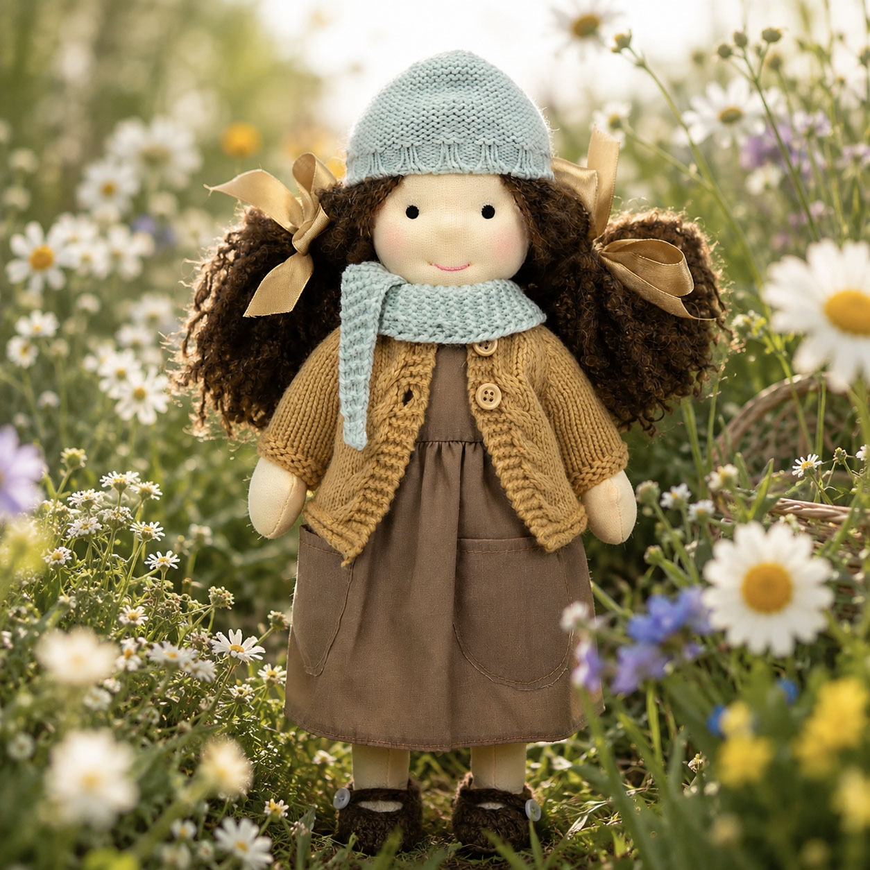 BlissfulPixie 12" Waldorf Doll Zoey, Handmade Soft Rag Doll for Girls with DIY Hair Styling Kit, 4 Color Hair Set, Teddy Bear, Makeup Tools & Gift Box Set, Creative Birthday Christmas Gift