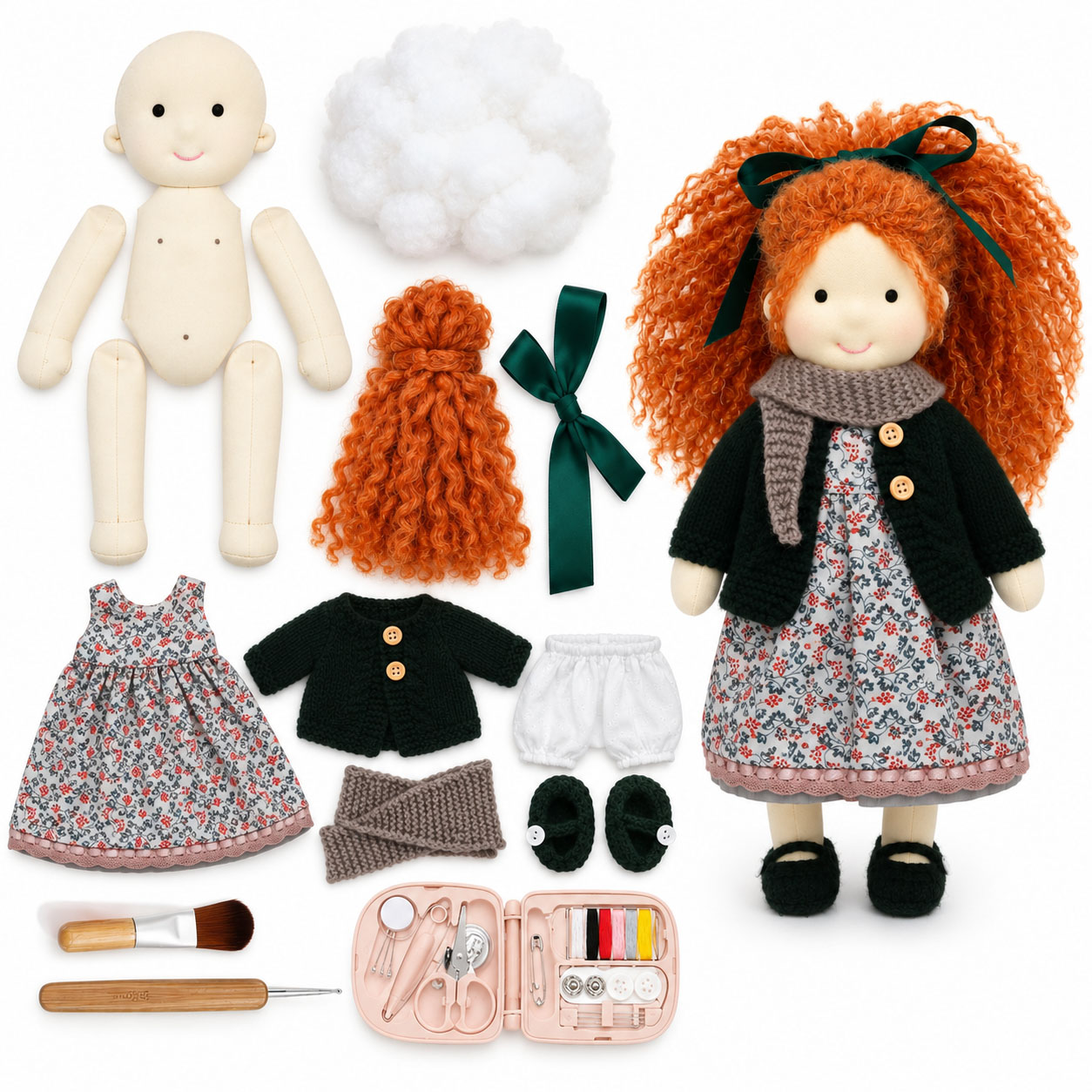 DIY Doll Making Kit for Adults & Beginners, Handmade Cloth Doll Craft Kit with Doll Body, Stuffing, Curly Hair, Clothes & Basic Sewing Tools, Video Tutorial, Creative Craft Gift