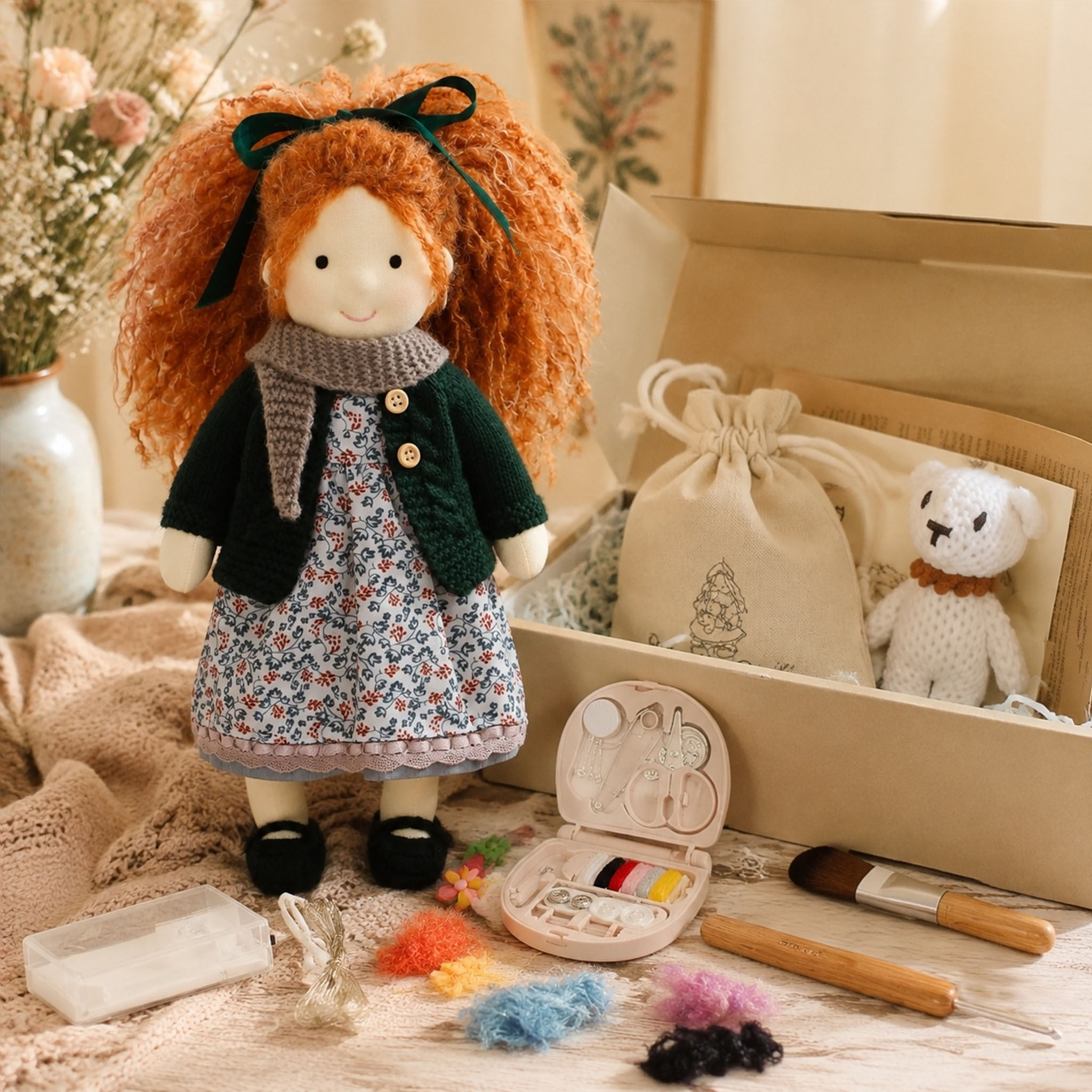 BlissfulPixie 12" Waldorf Doll Diana, Handmade Soft Rag Doll for Girls with DIY Hair Styling Kit, 4 Color Hair Set, Teddy Bear, Makeup Tools & Gift Box Set, Creative Birthday Christmas Gift