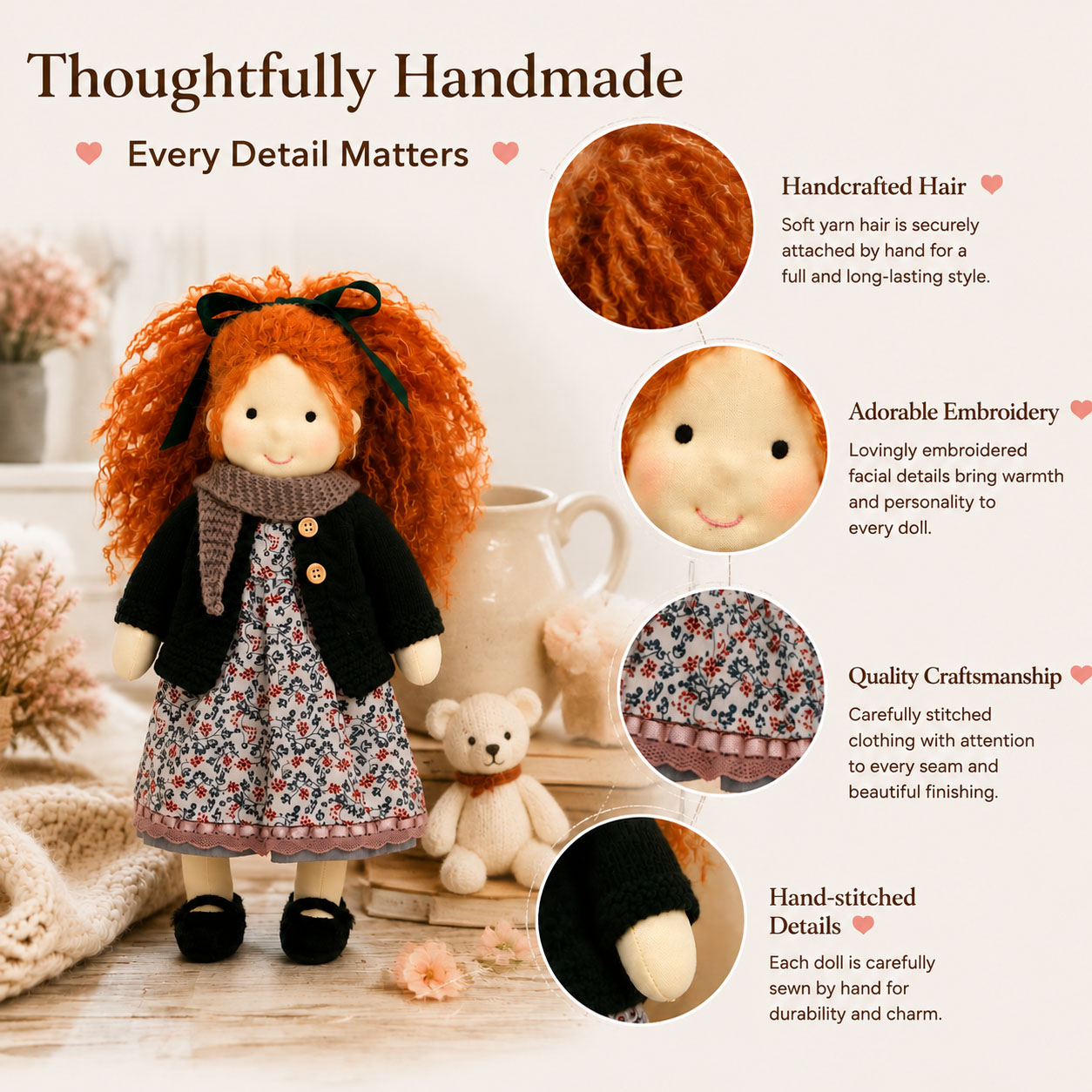 BlissfulPixie 12" Waldorf Doll Diana, Handmade Soft Rag Doll for Girls with DIY Hair Styling Kit, 4 Color Hair Set, Teddy Bear, Makeup Tools & Gift Box Set, Creative Birthday Christmas Gift
