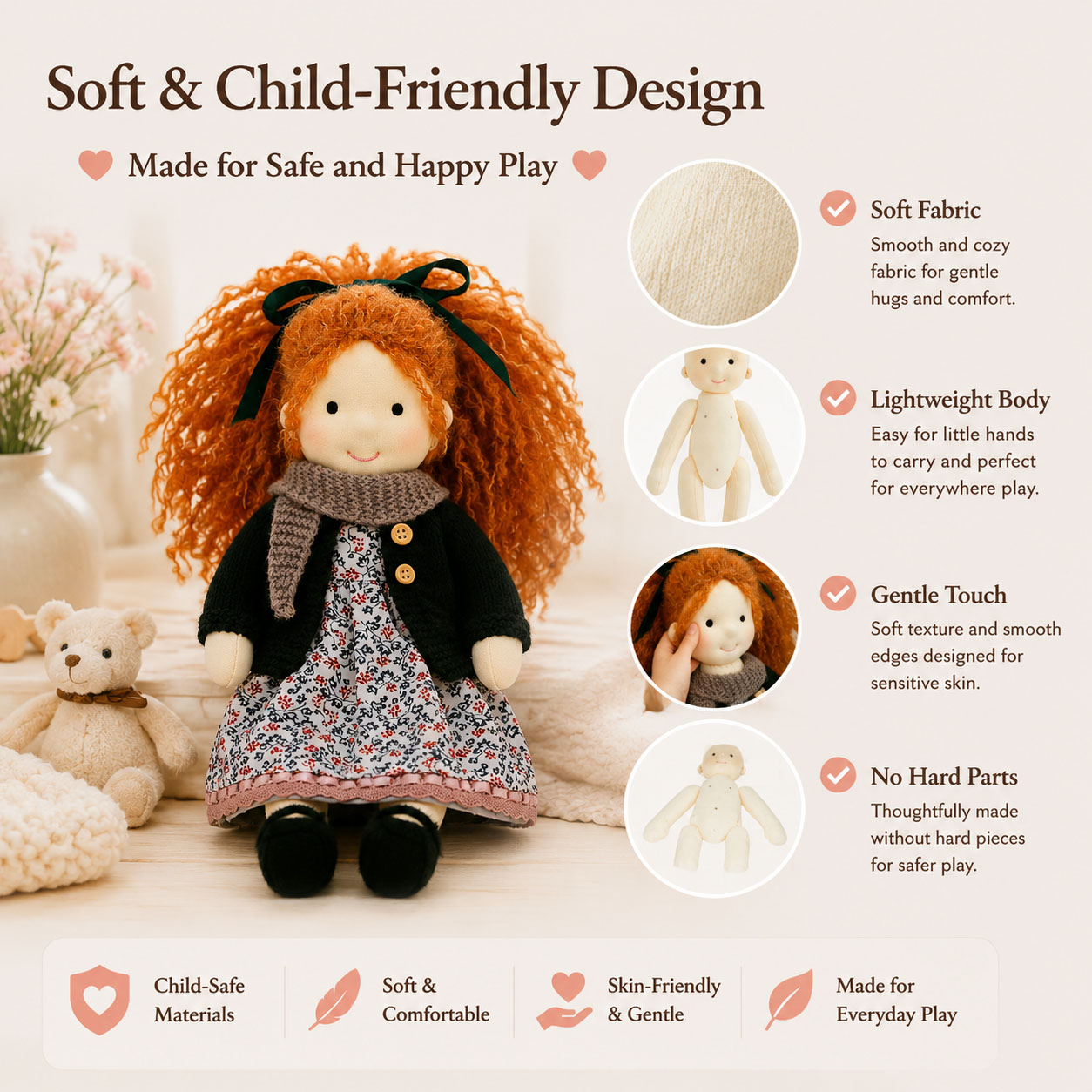 BlissfulPixie 12" Waldorf Doll Diana, Handmade Soft Rag Doll for Girls with DIY Hair Styling Kit, 4 Color Hair Set, Teddy Bear, Makeup Tools & Gift Box Set, Creative Birthday Christmas Gift