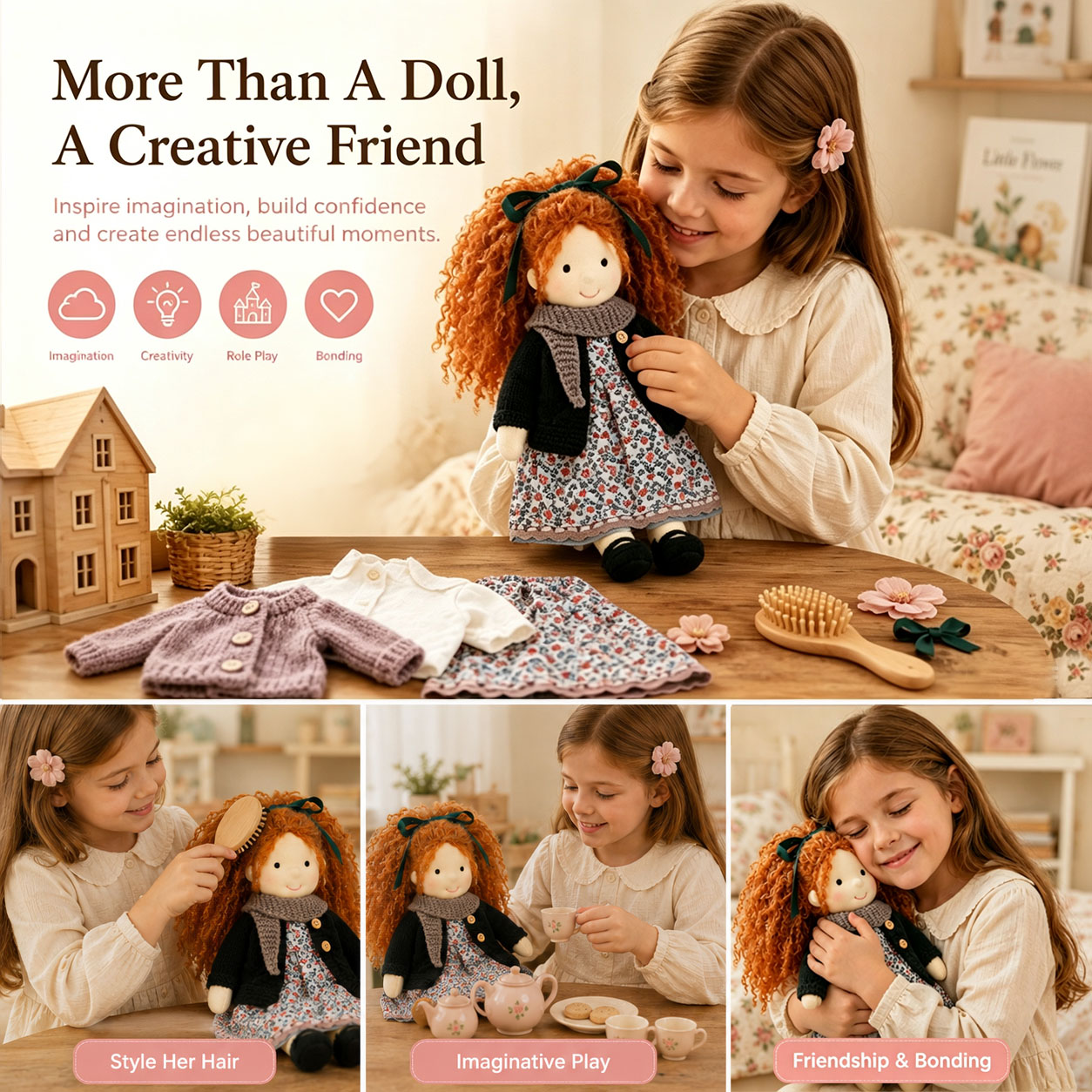 BlissfulPixie 12" Waldorf Doll Diana, Handmade Soft Rag Doll for Girls with DIY Hair Styling Kit, 4 Color Hair Set, Teddy Bear, Makeup Tools & Gift Box Set, Creative Birthday Christmas Gift