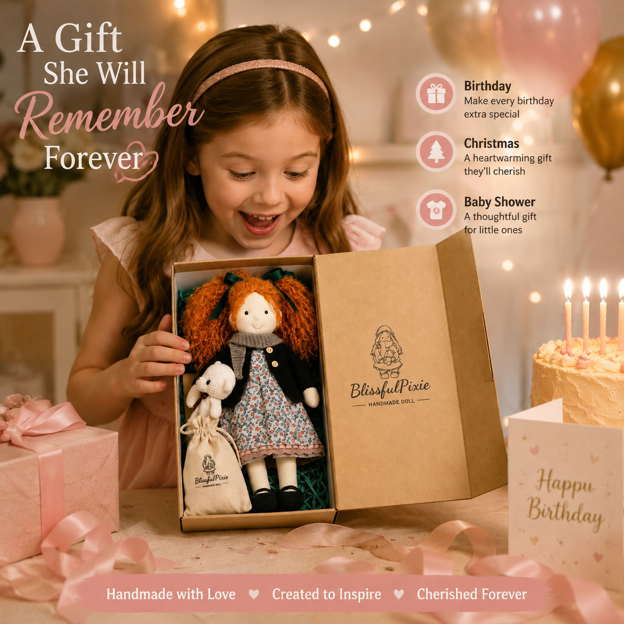 BlissfulPixie 12" Waldorf Doll Diana, Handmade Soft Rag Doll for Girls with DIY Hair Styling Kit, 4 Color Hair Set, Teddy Bear, Makeup Tools & Gift Box Set, Creative Birthday Christmas Gift